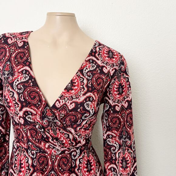 [Anthropologie] Maeve Red Paisley Print Long Sleeve V-Neck Dress Size Medium M - Picture 7 of 12